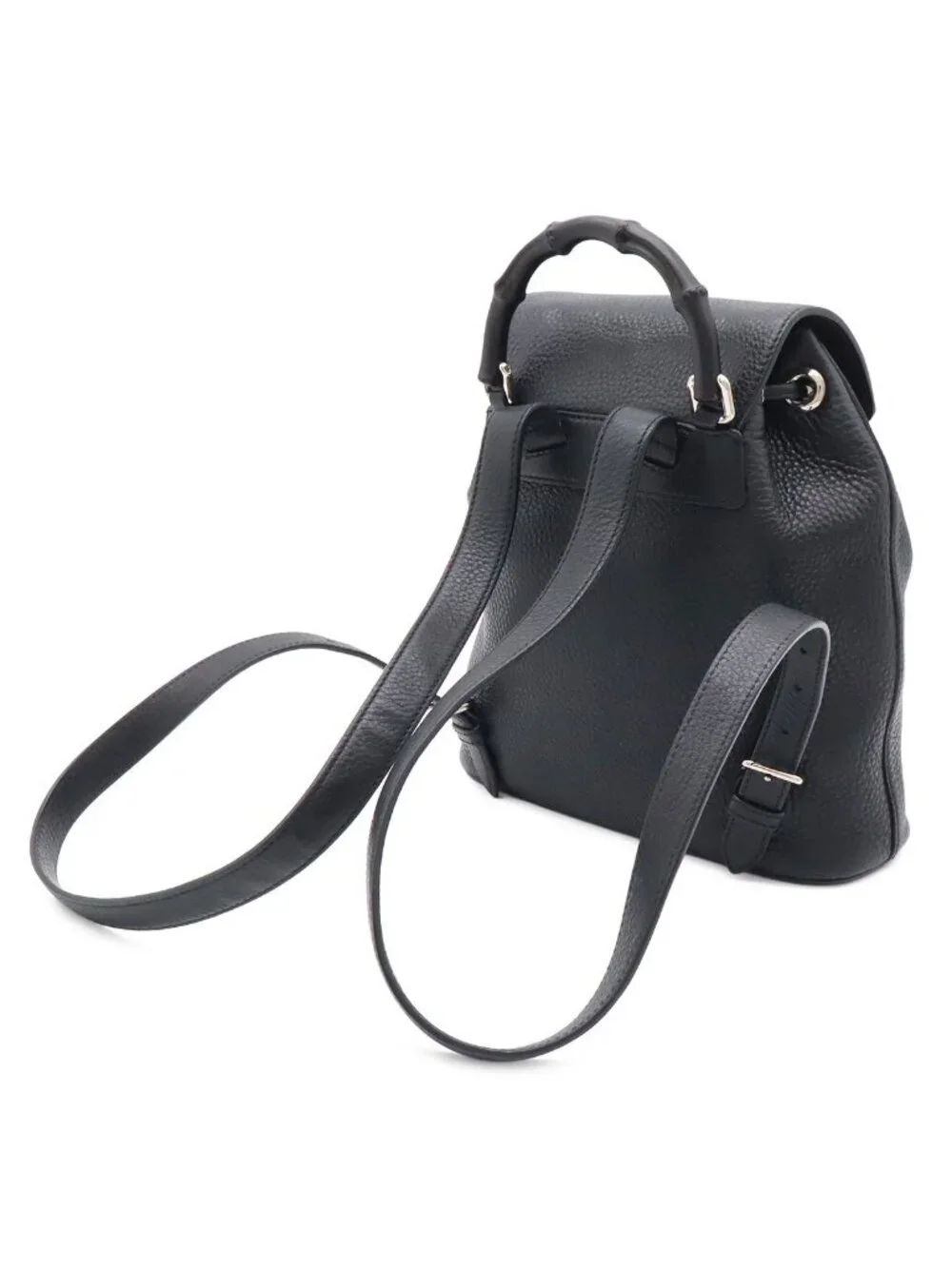 Gucci Bamboo Backpack Shoulder Bag Tassel Fringe Leather Black Silver